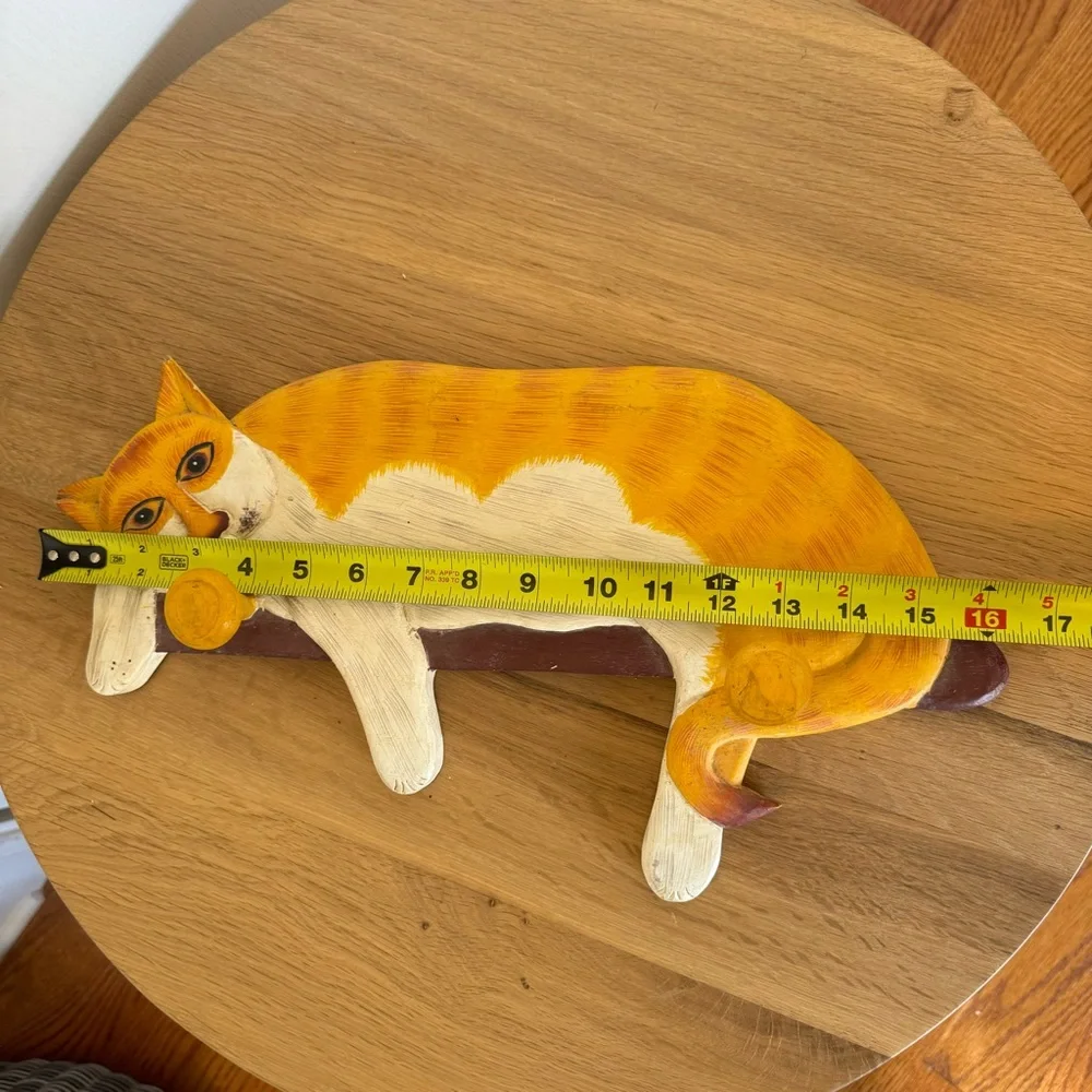 Vintage Hand Painted Wood Primitive Yellow White Cat Hat Coat Hook Rack Unique